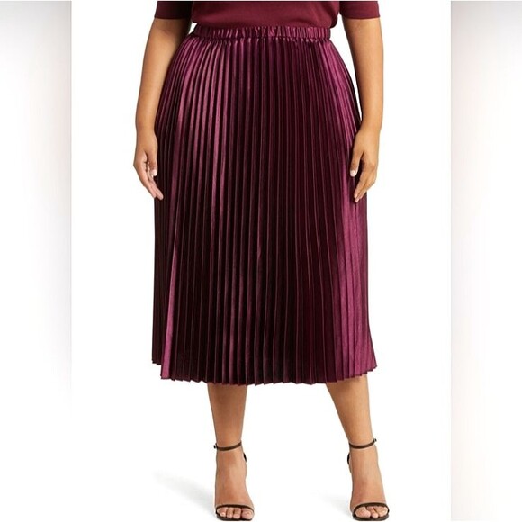 Anne Klein Satin Pleated Maxi Skirt Womens Plus Size 3X Chianti Burgundy NWT - Picture 1 of 16